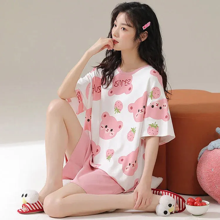 Cartoon Bear Strawberry Letter Print Summer Cotton Pajamas Set