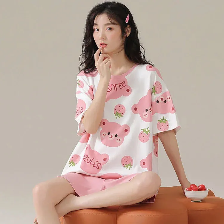 Cartoon Bear Strawberry Letter Print Summer Cotton Pajamas Set