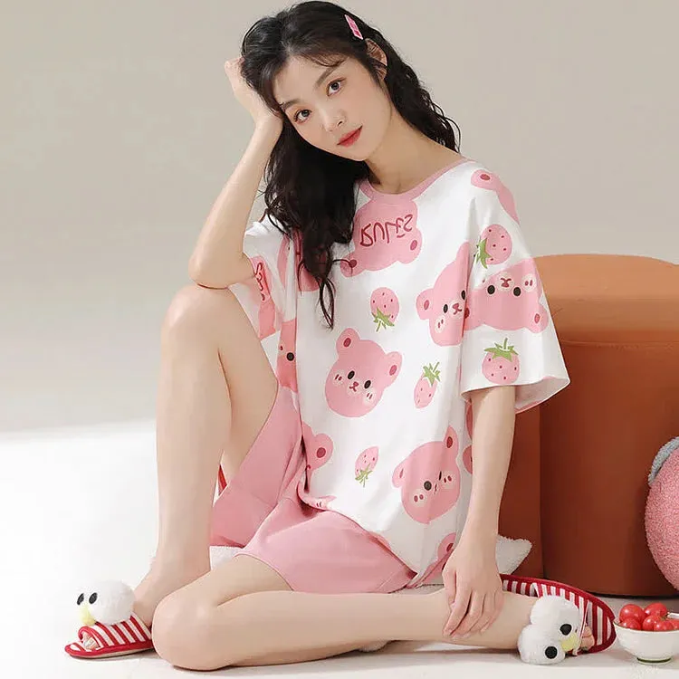 Cartoon Bear Strawberry Letter Print Summer Cotton Pajamas Set