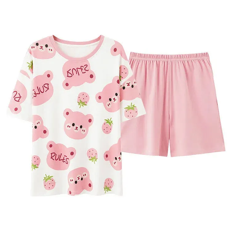 Cartoon Bear Strawberry Letter Print Summer Cotton Pajamas Set