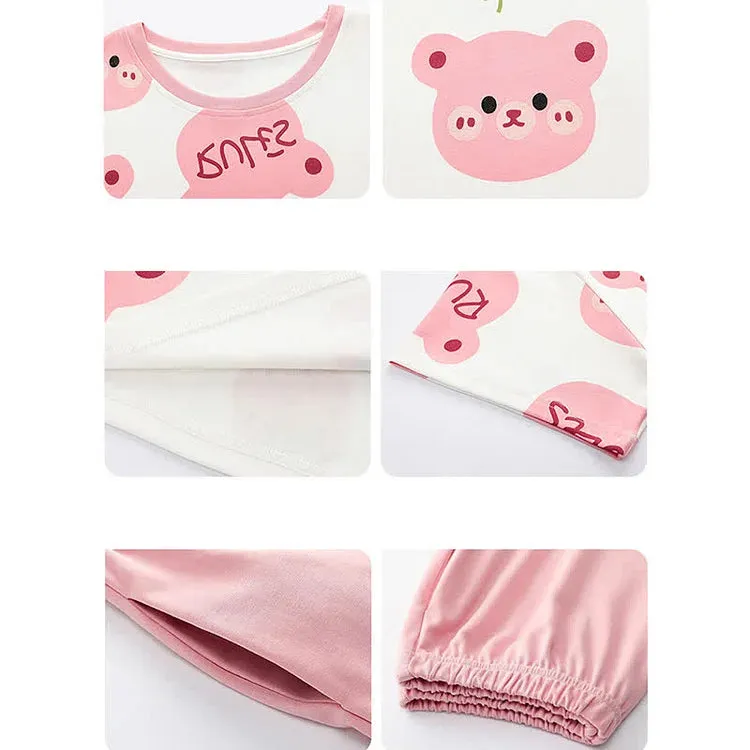 Cartoon Bear Strawberry Letter Print Summer Cotton Pajamas Set