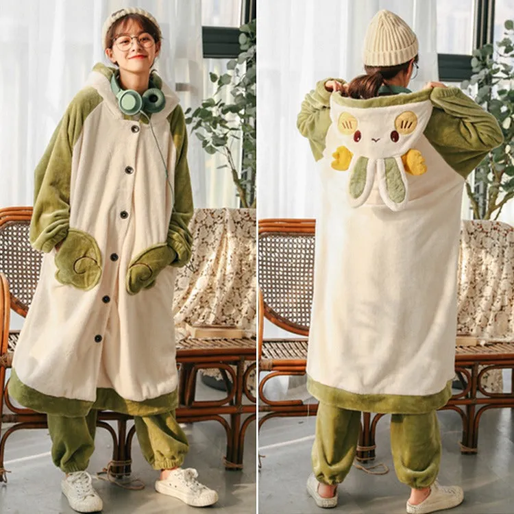 Cartoon Bunny Ears Angel Plush Hooded Pajama Set