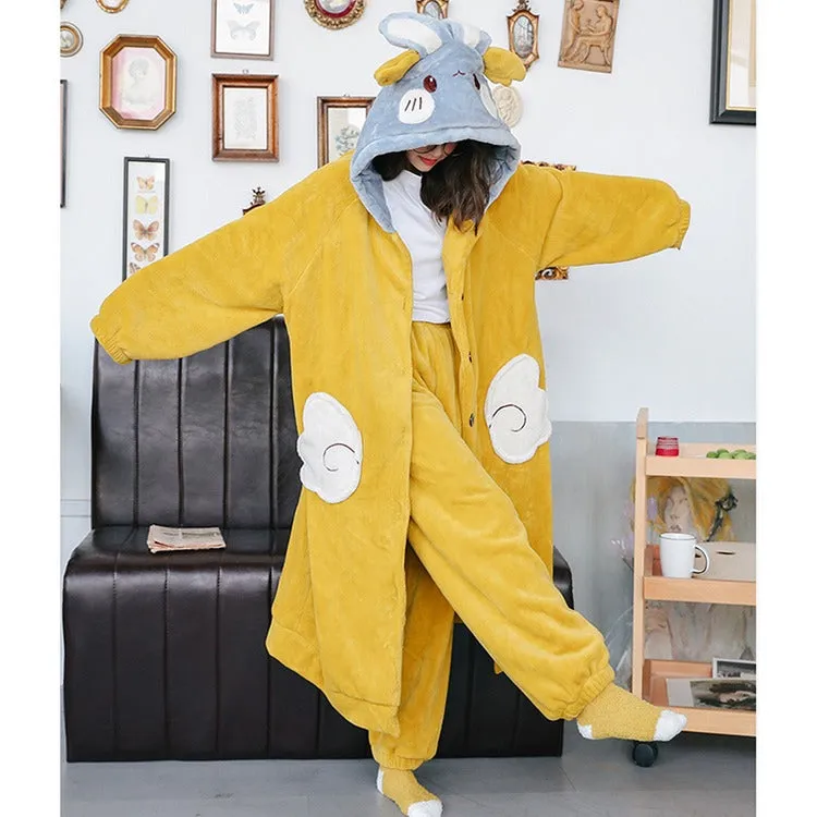 Cartoon Bunny Ears Angel Plush Hooded Pajama Set