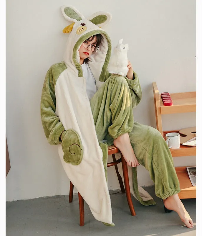 Cartoon Bunny Ears Angel Plush Hooded Pajama Set