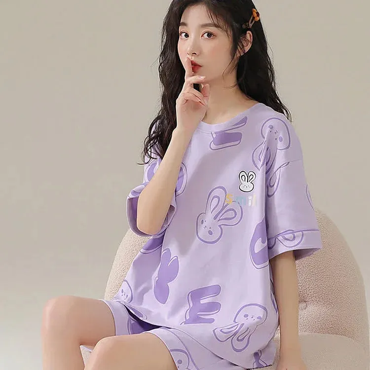 Cartoon Bunny Letter Print Summer Cotton Pajamas Set