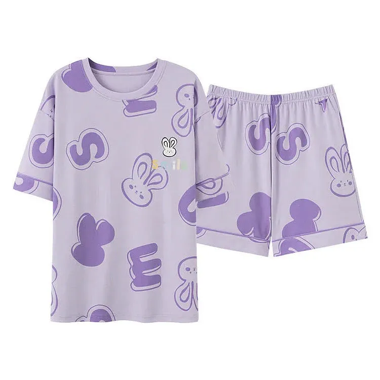 Cartoon Bunny Letter Print Summer Cotton Pajamas Set