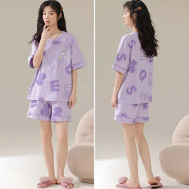 Cartoon Bunny Letter Print Summer Cotton Pajamas Set