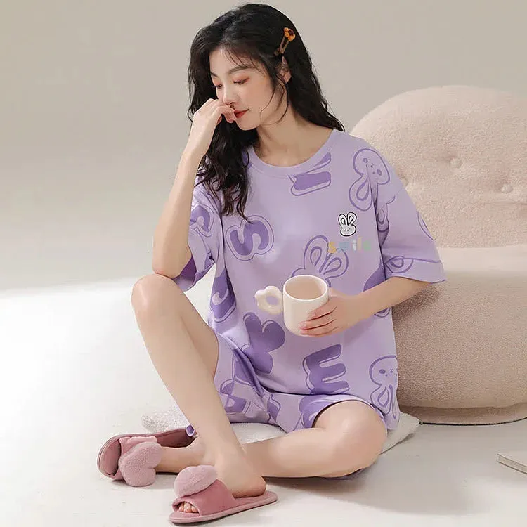 Cartoon Bunny Letter Print Summer Cotton Pajamas Set