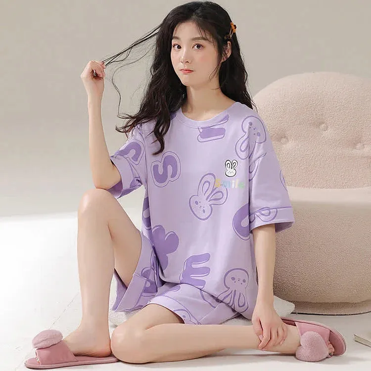 Cartoon Bunny Letter Print Summer Cotton Pajamas Set