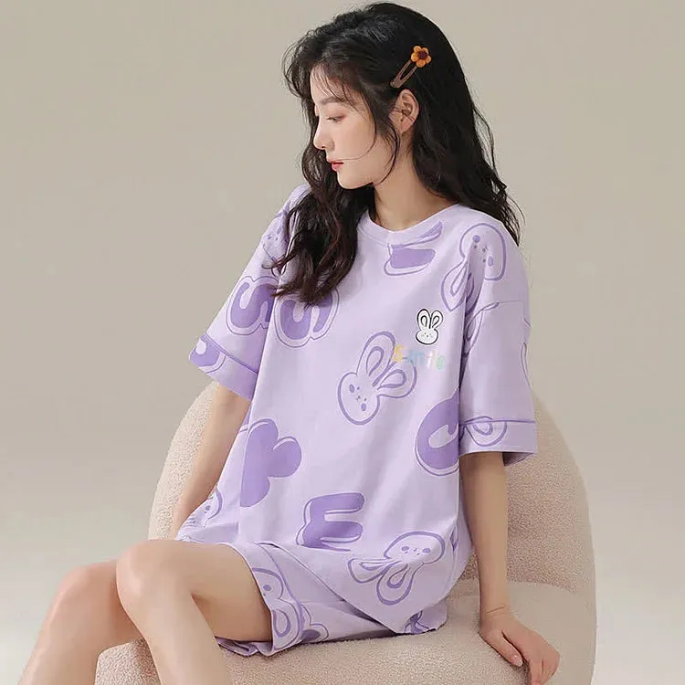 Cartoon Bunny Letter Print Summer Cotton Pajamas Set