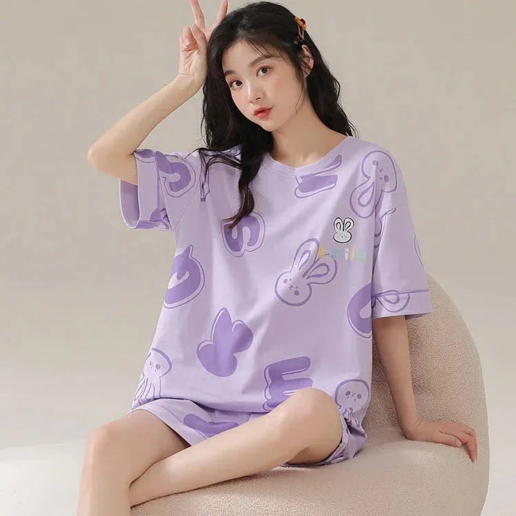 Cartoon Bunny Letter Print Summer Cotton Pajamas Set