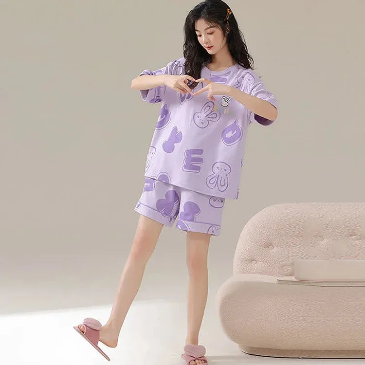 Cartoon Bunny Letter Print Summer Cotton Pajamas Set