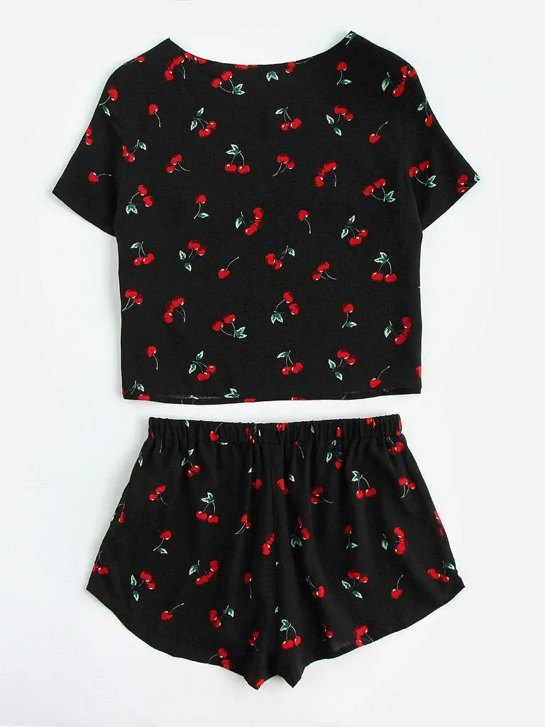 Cherry Print Top And Shorts Pajama Set