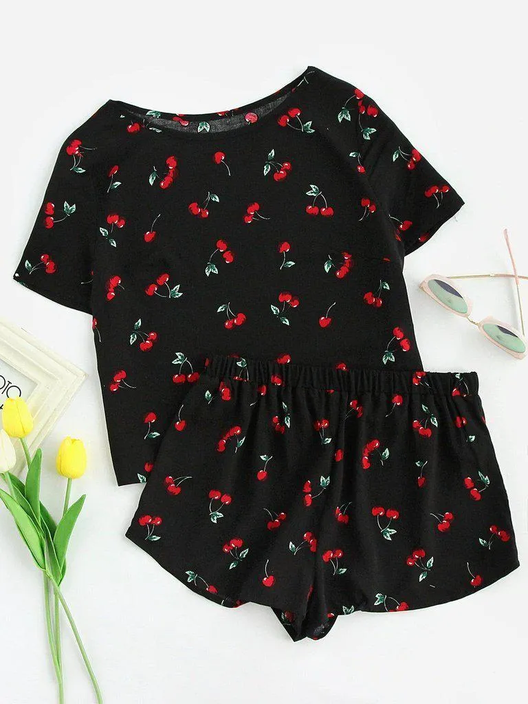 Cherry Print Top And Shorts Pajama Set