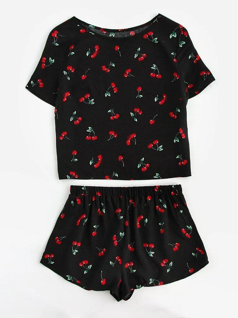 Cherry Print Top And Shorts Pajama Set