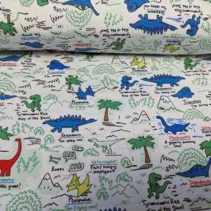 Colorful Dinosaur FLANNEL Fabric on White