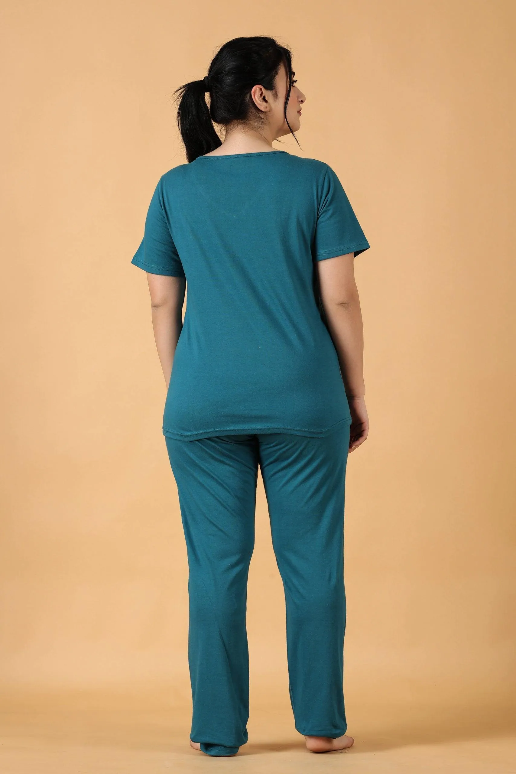 Cotton Solid Pyjama Night Suit Set -Teal Green