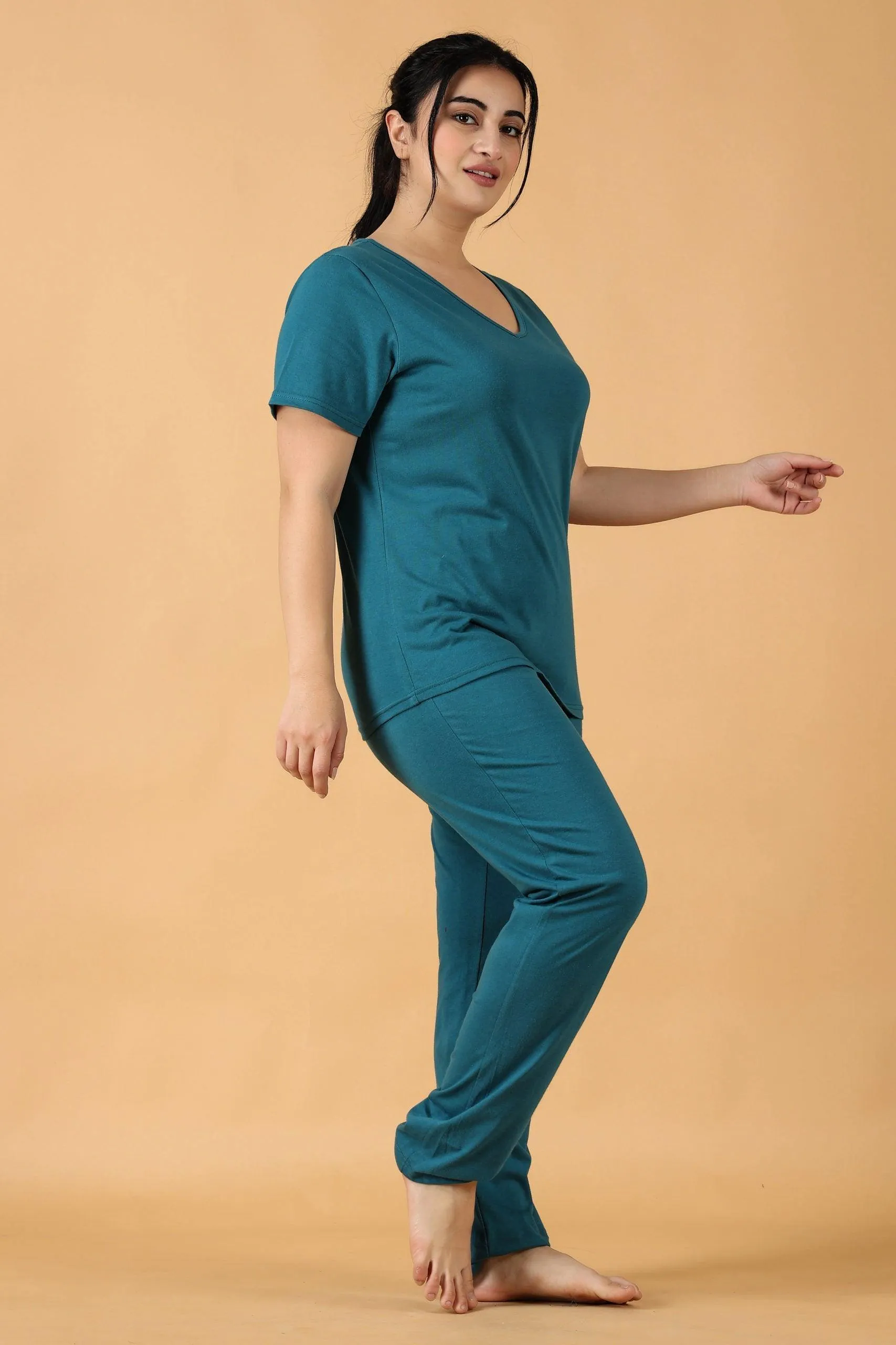 Cotton Solid Pyjama Night Suit Set -Teal Green