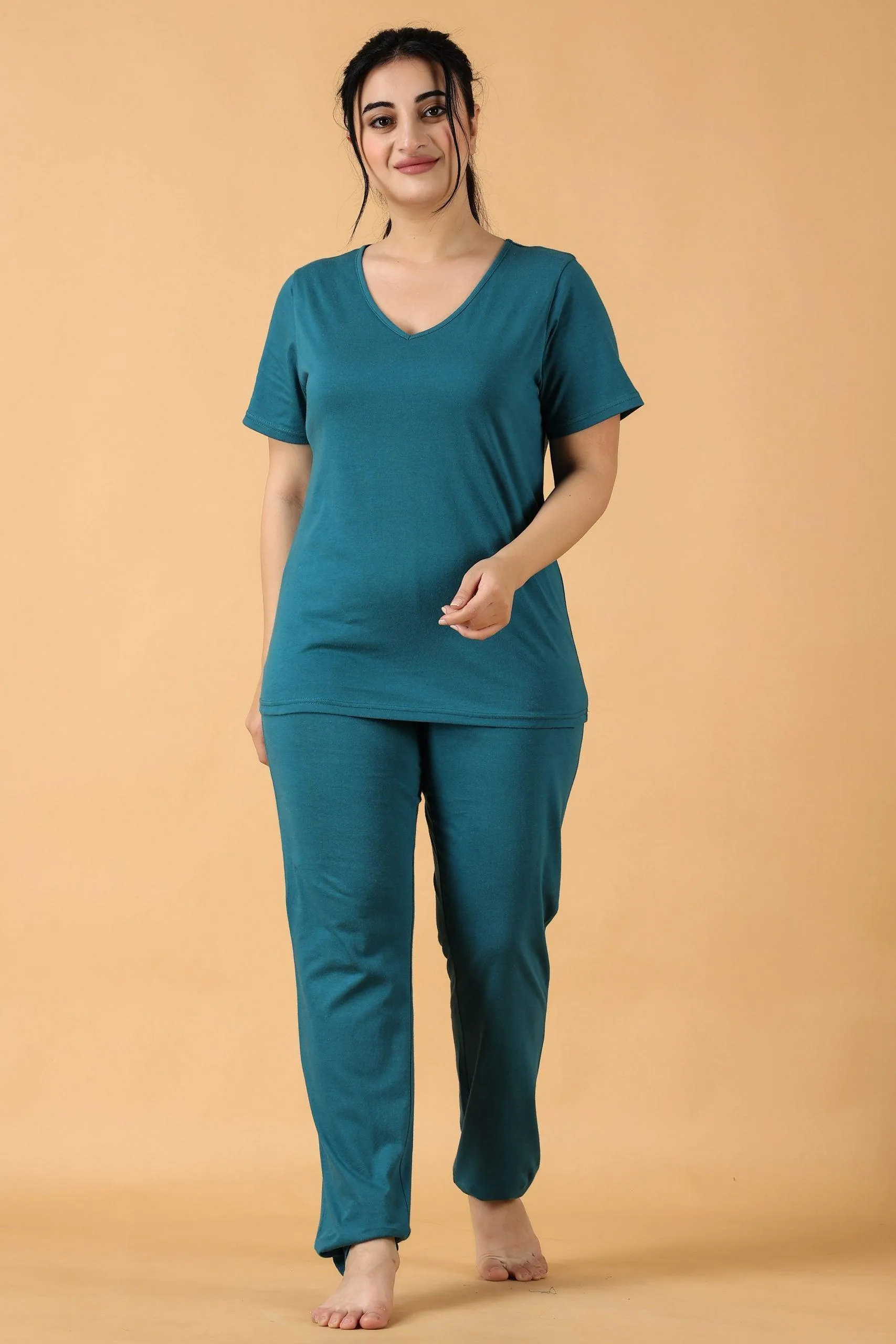 Cotton Solid Pyjama Night Suit Set -Teal Green