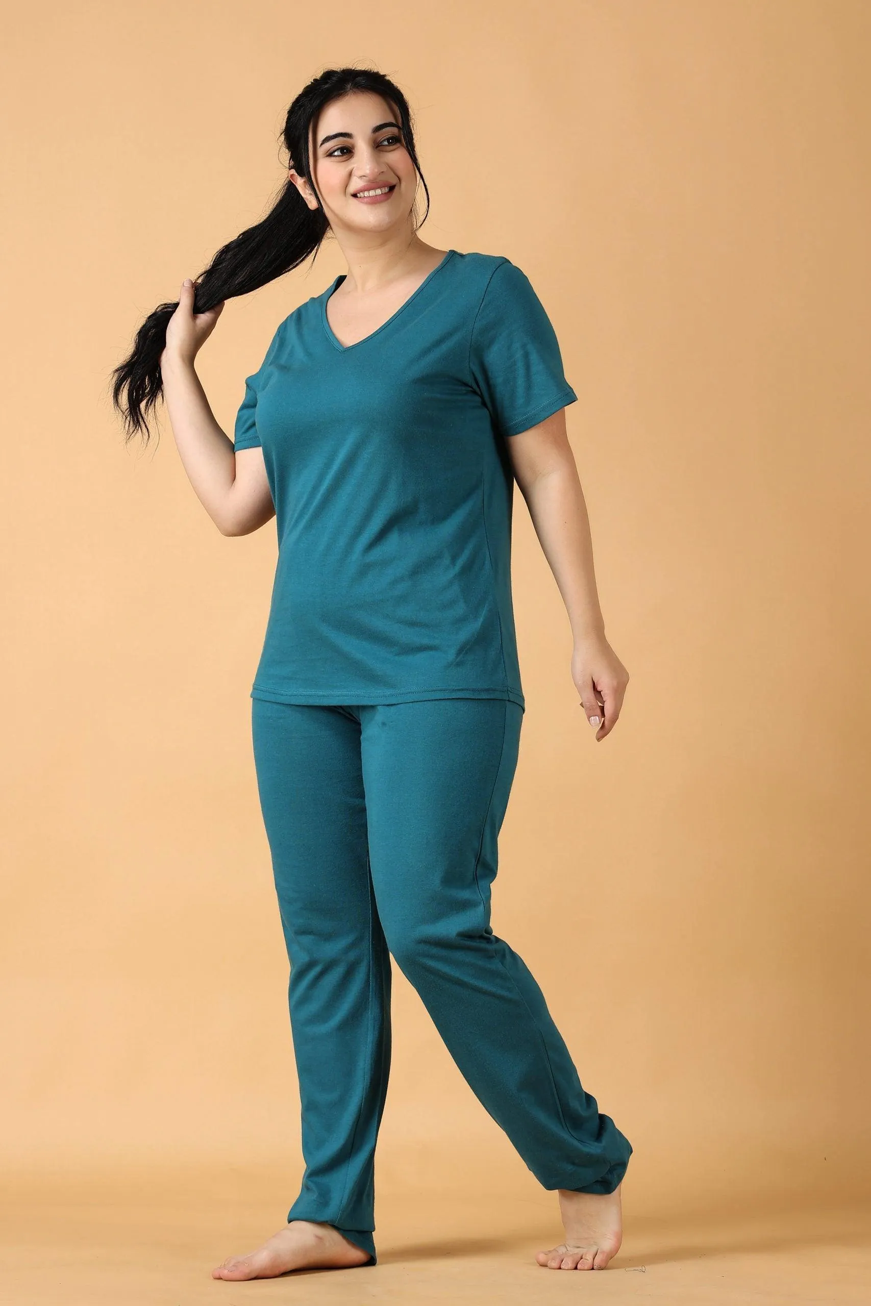 Cotton Solid Pyjama Night Suit Set -Teal Green