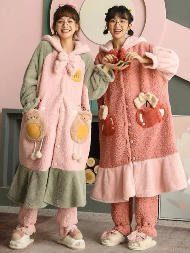 Creamy Avocado Cozy Winter Fleece Sleepwear Nightgown Set