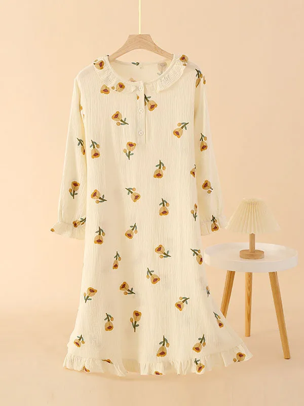 Crepe Doll Collar Ruffled Print Nightdress