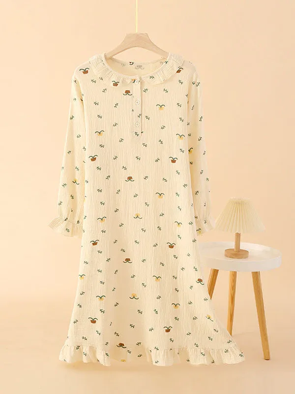 Crepe Doll Collar Ruffled Print Nightdress