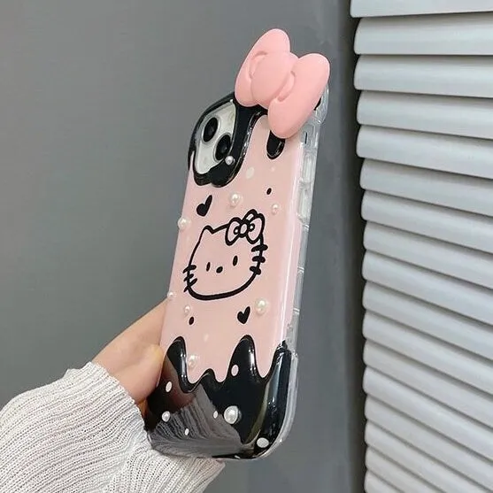 Cute Kawaii Hello Kitty Cartoon Studded White Pearls Pink Bow Design Protective Shockproof iPhone Case for iPhone 11 12 13 14 Pro Max Case