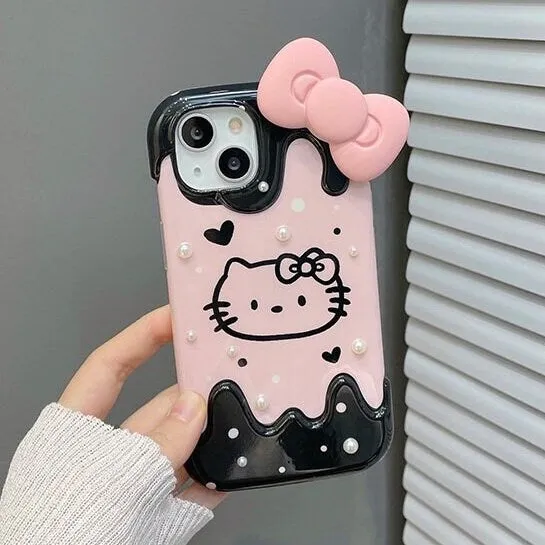 Cute Kawaii Hello Kitty Cartoon Studded White Pearls Pink Bow Design Protective Shockproof iPhone Case for iPhone 11 12 13 14 Pro Max Case