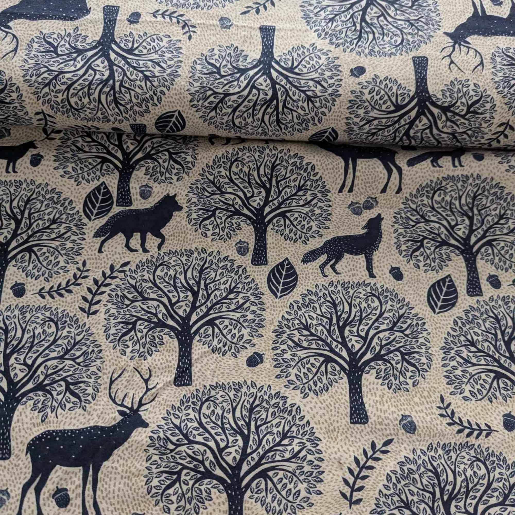 Deer and Wolf with Bue Trees FLANNEL on Cream