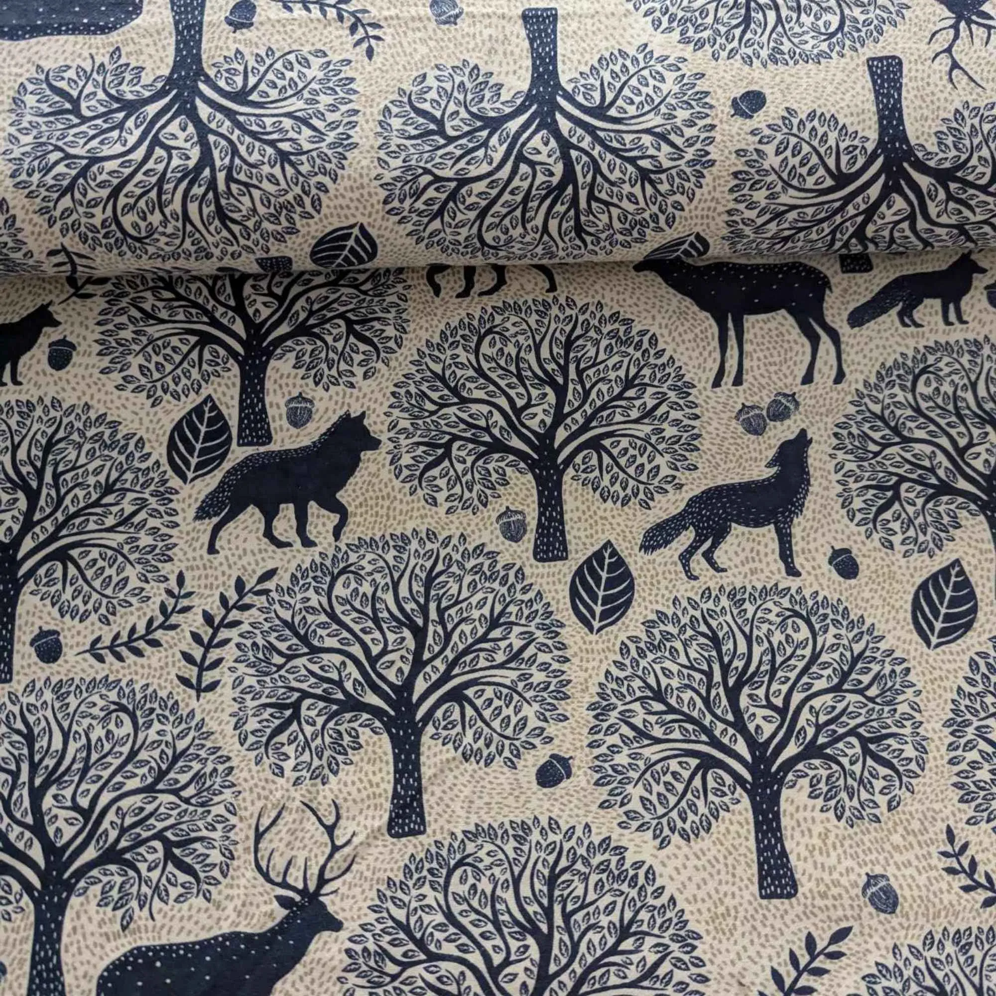 Deer and Wolf with Bue Trees FLANNEL on Cream