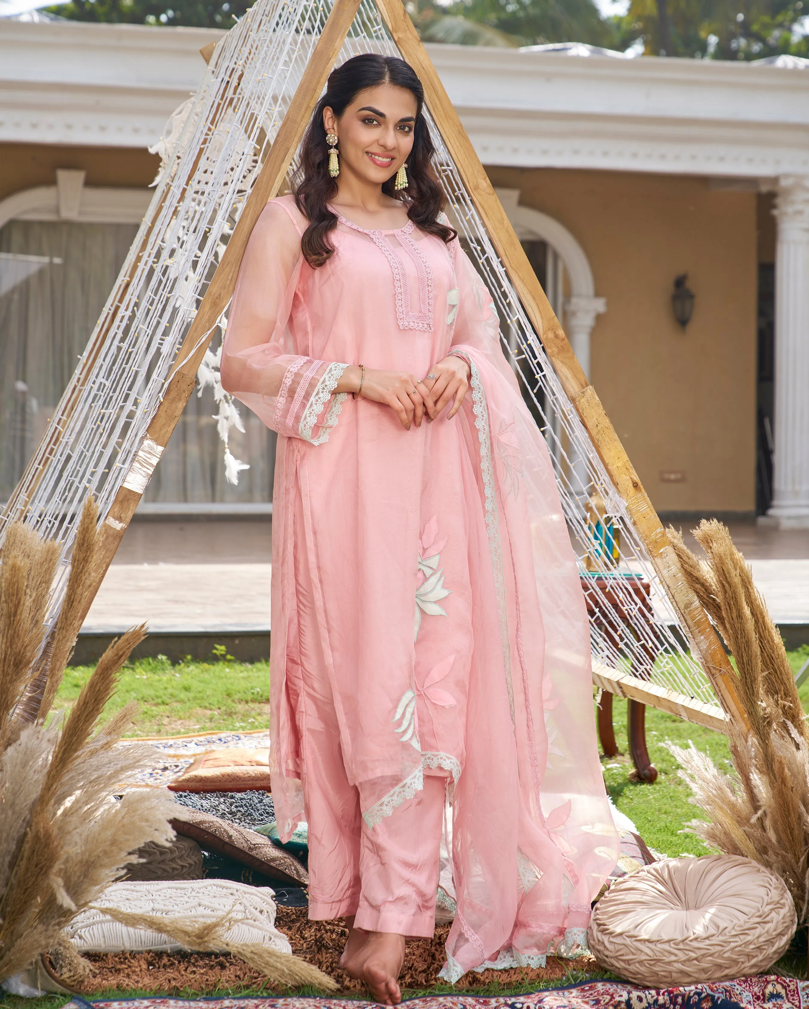 Disha Pink Applique Organza Kurta Set