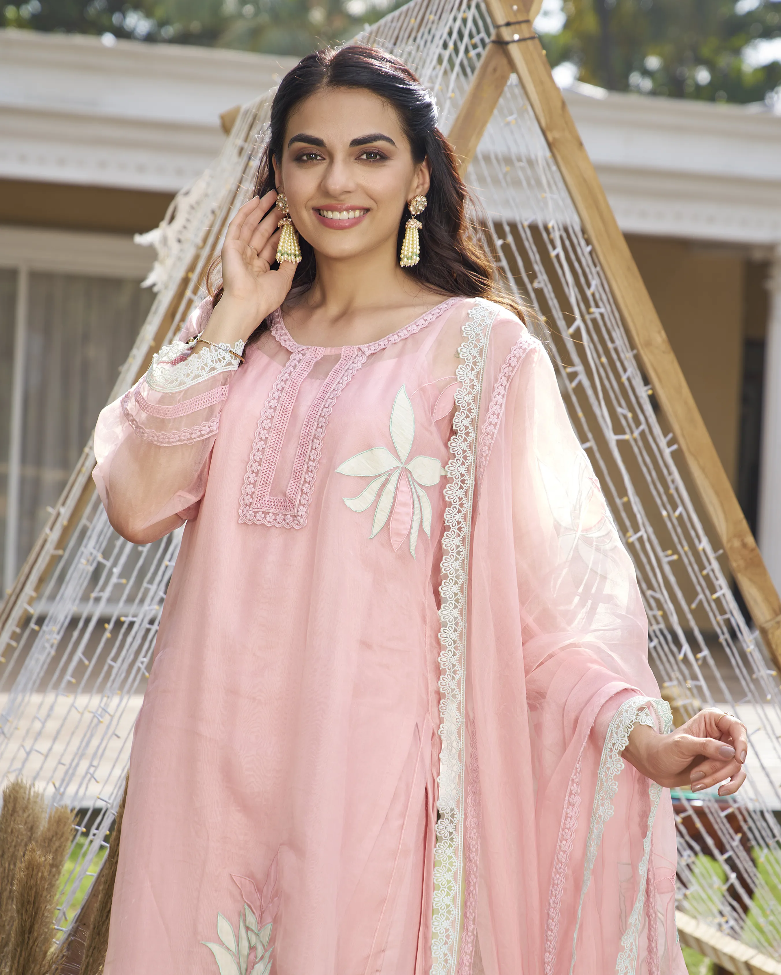 Disha Pink Applique Organza Kurta Set