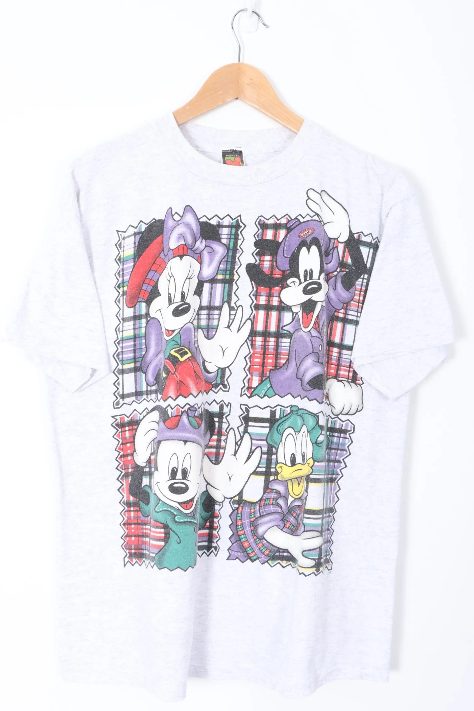 DISNEY Mickey Mouse & Friends Plaid Squares Single Stitch T-Shirt USA Made (XL)