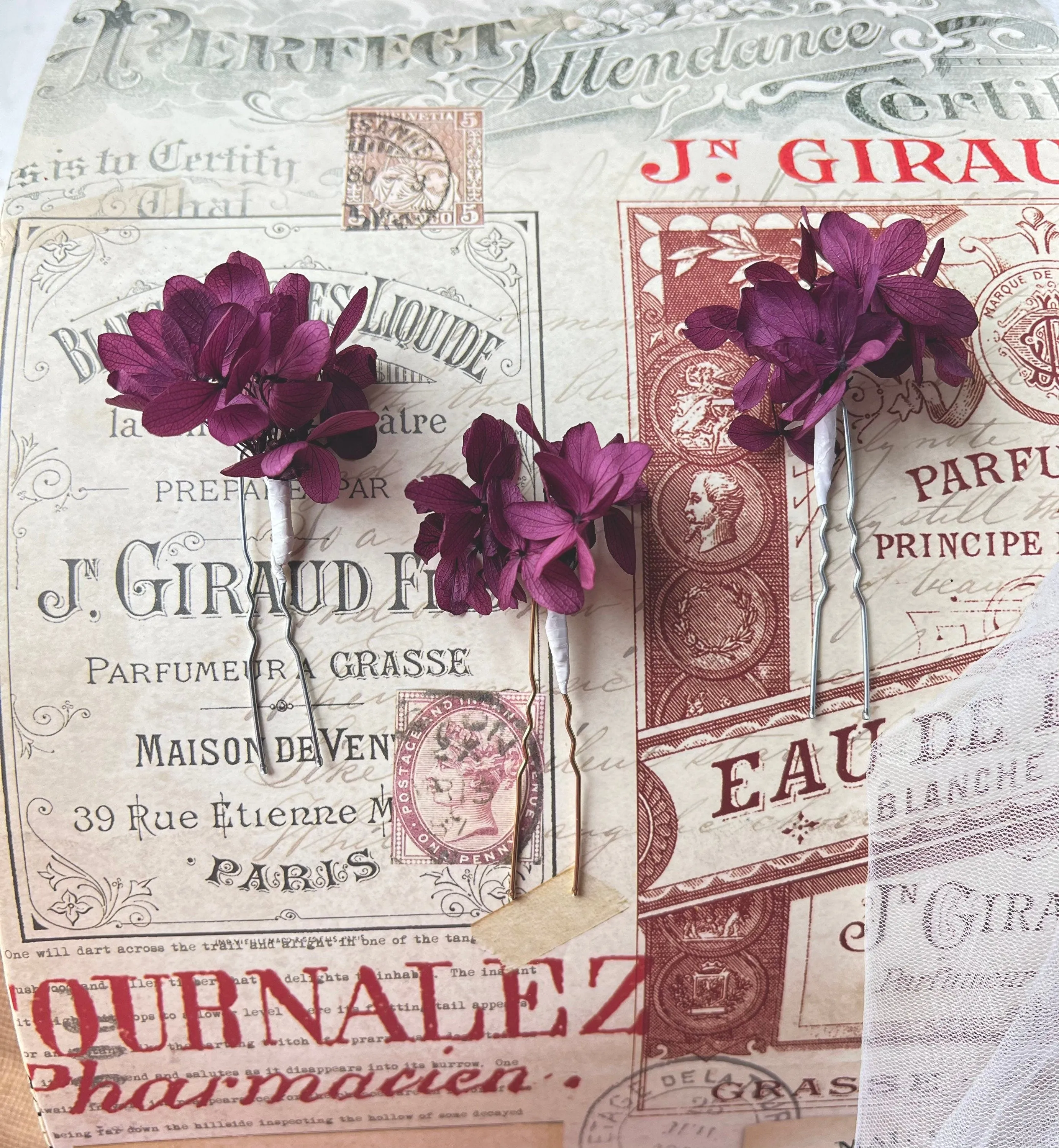 Dried Flower Rustic Wedding Hair Pin Sets Magenta Pink Purple, Bride and Bridesmaid Hair Accessories, Preserved Hydrangea Floral Hair Pieces