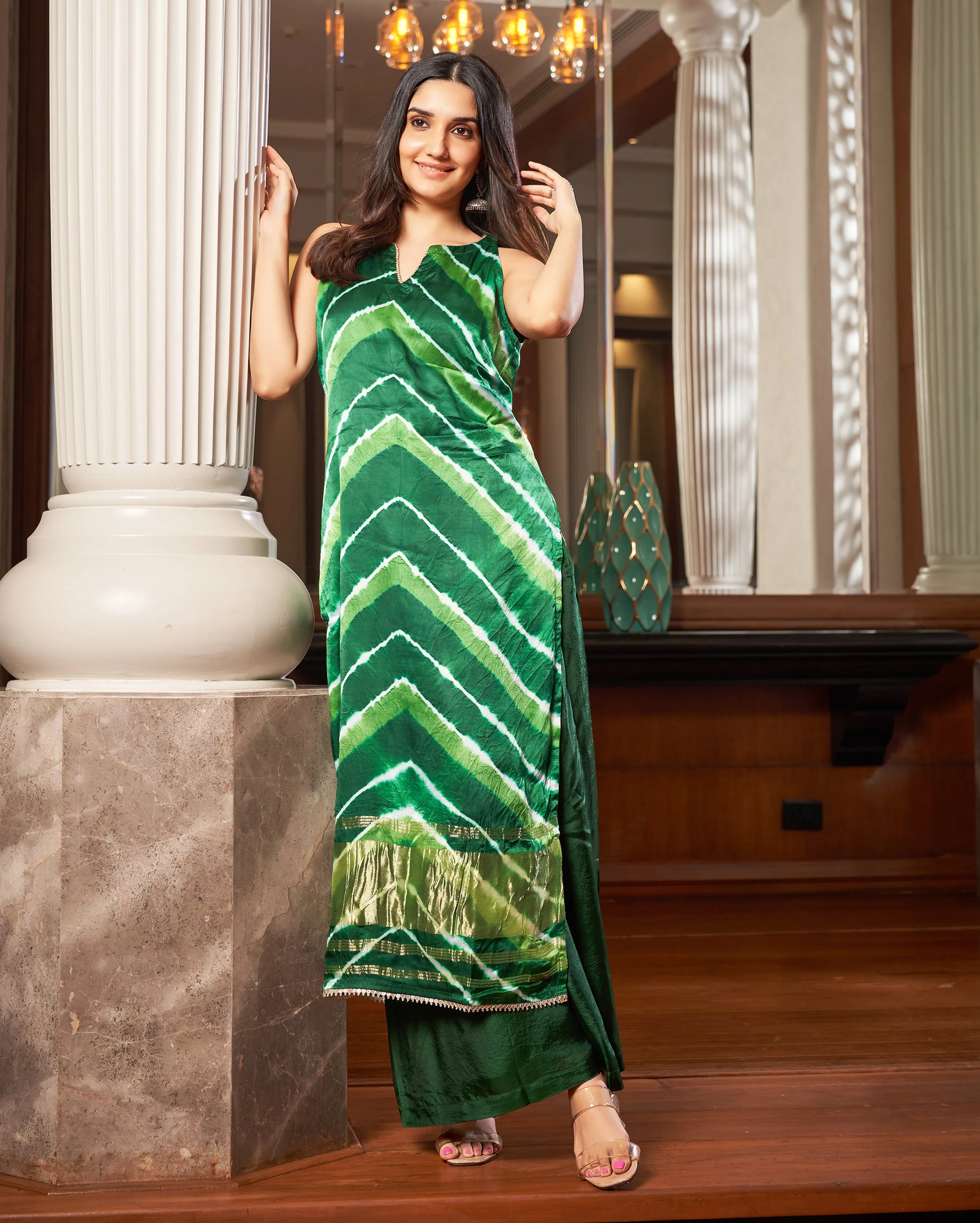 Gamha Green Leheriya Silk Kurta set