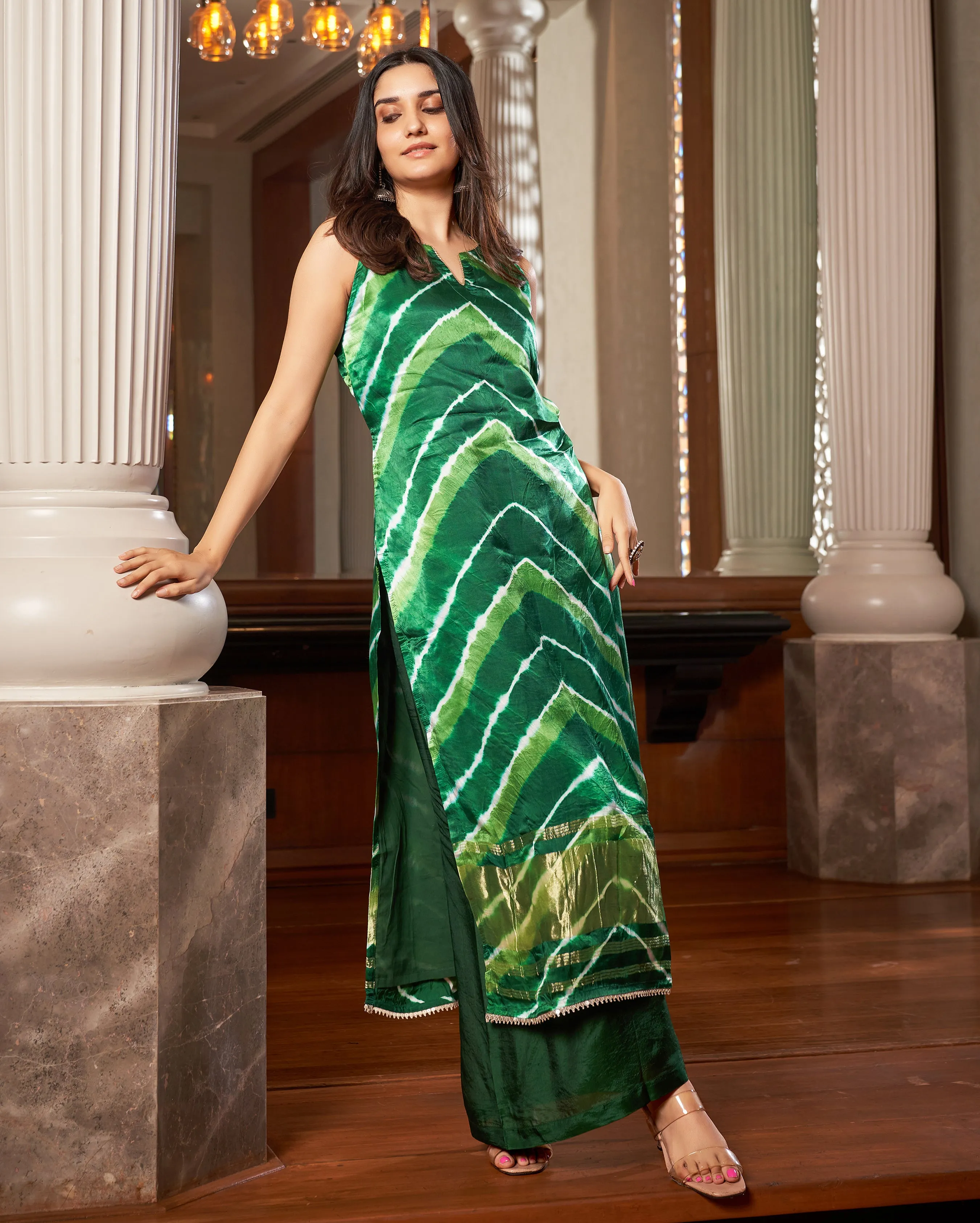 Gamha Green Leheriya Silk Kurta set