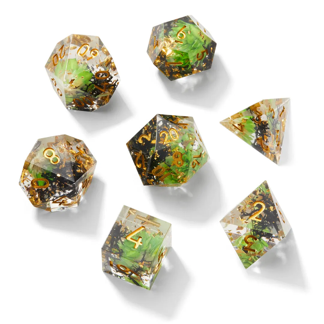 Green and Black Timeless Flower Sharp Edge Resin 7pc Dice Set