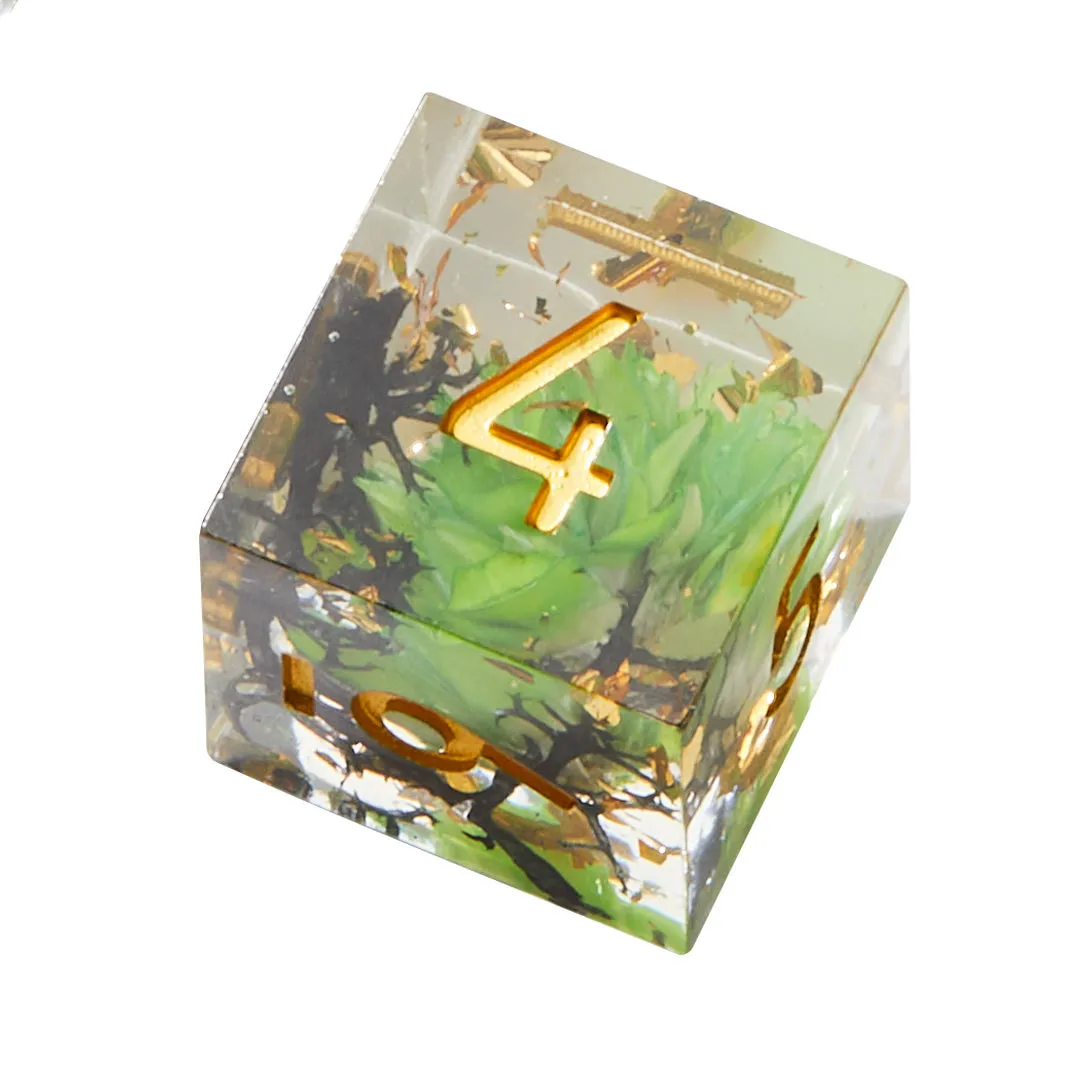 Green and Black Timeless Flower Sharp Edge Resin 7pc Dice Set