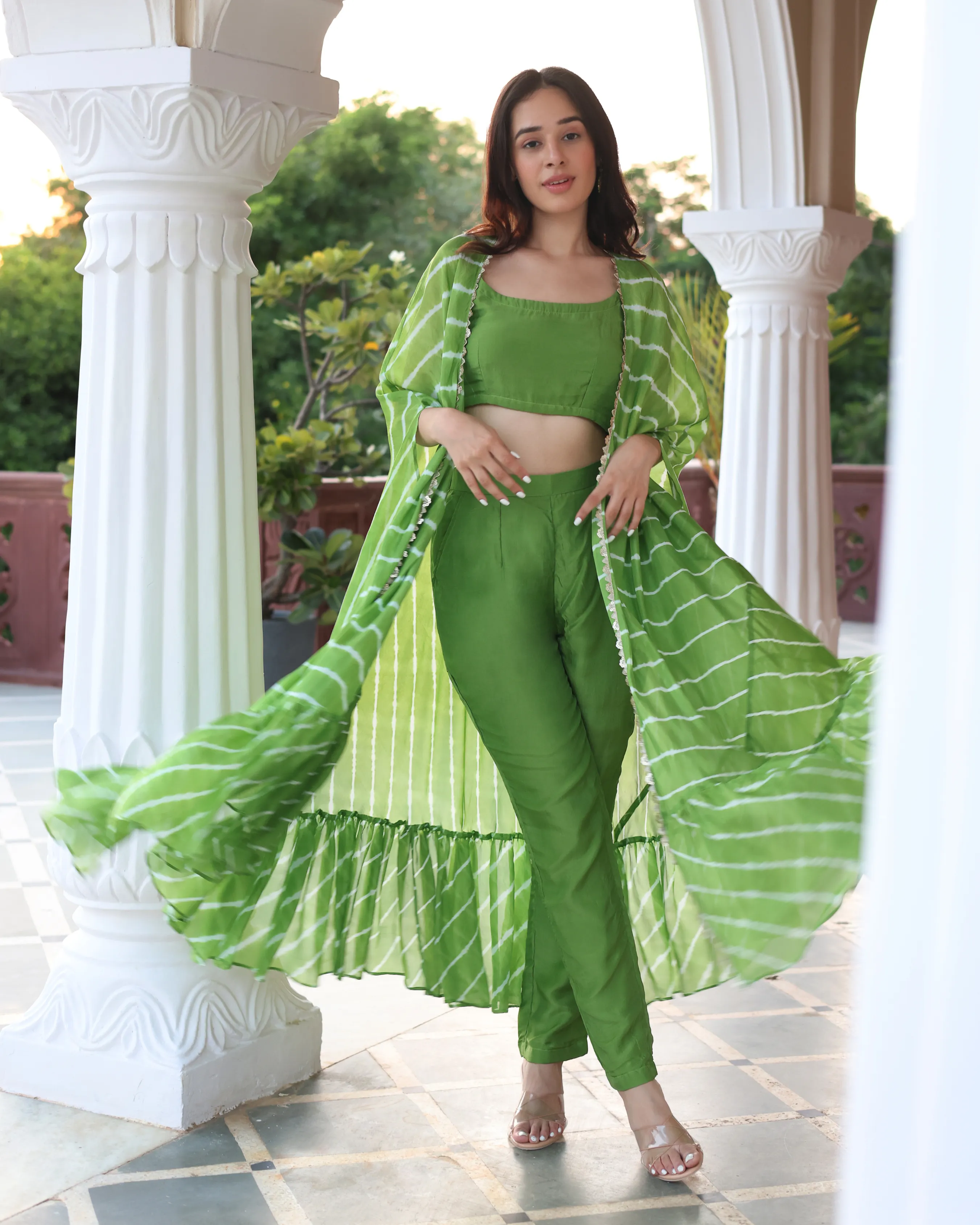 Green Glam Leheriya Silk Coord Set