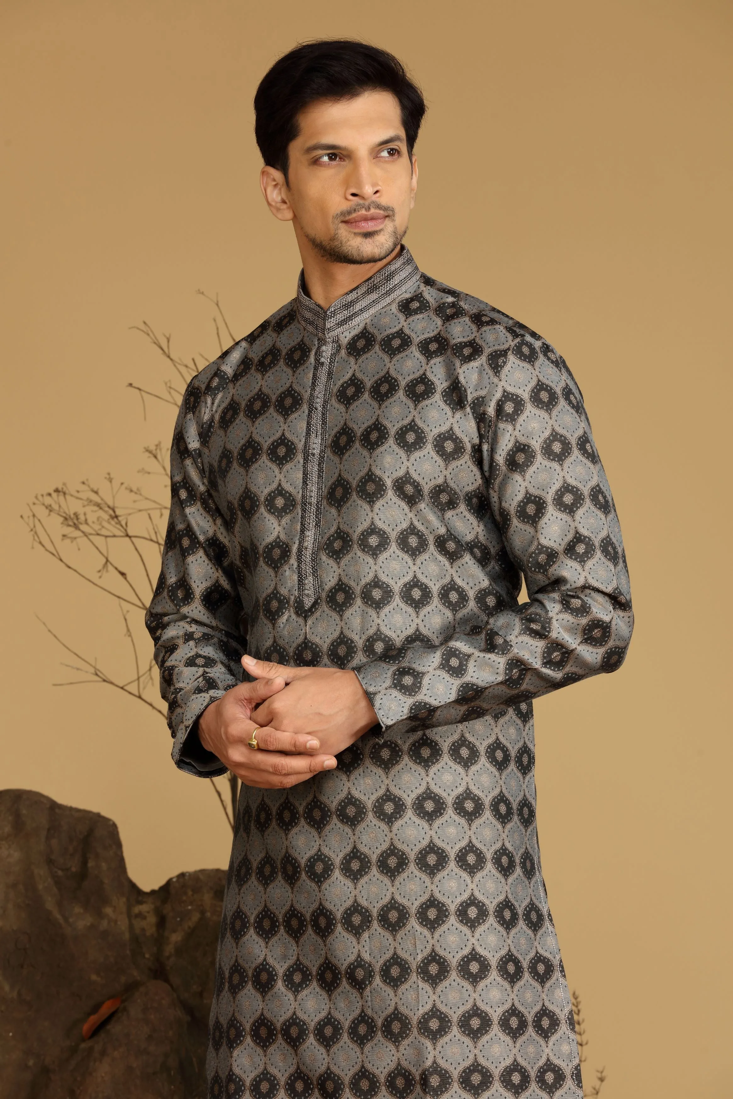 Grey Printed Silk Kurta Set Designed by Kora (Nilesh Mitesh)