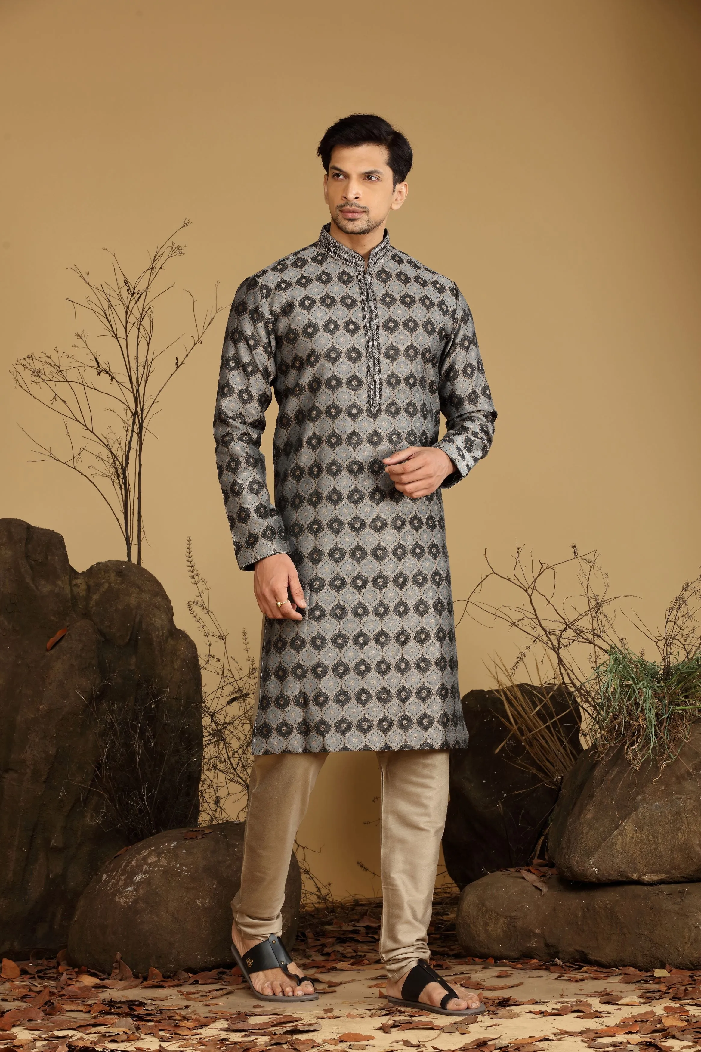 Grey Printed Silk Kurta Set Designed by Kora (Nilesh Mitesh)