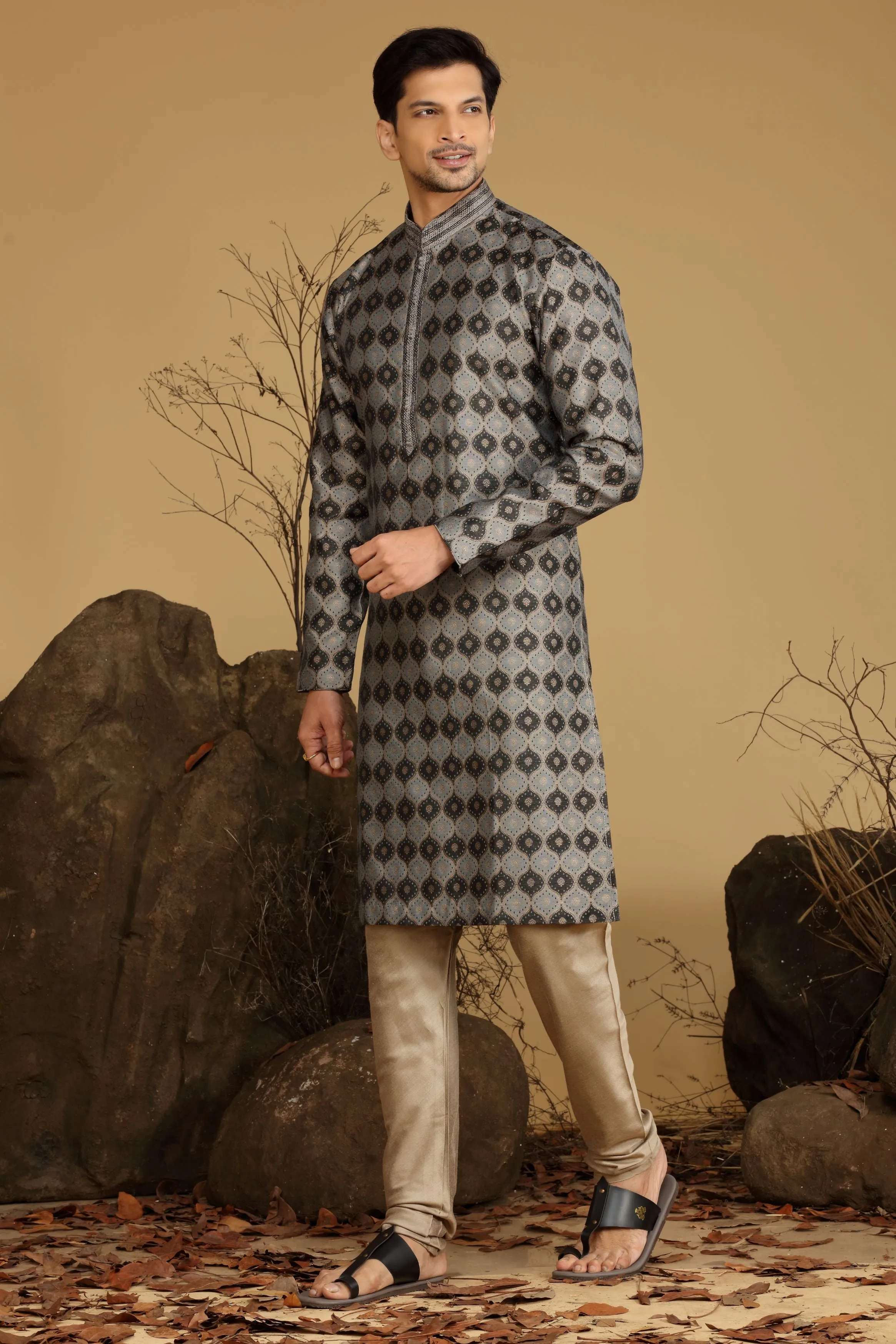 Grey Printed Silk Kurta Set Designed by Kora (Nilesh Mitesh)