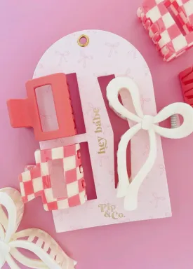 Hey Babe! Bow & Checkers Pink Hair Clip Set