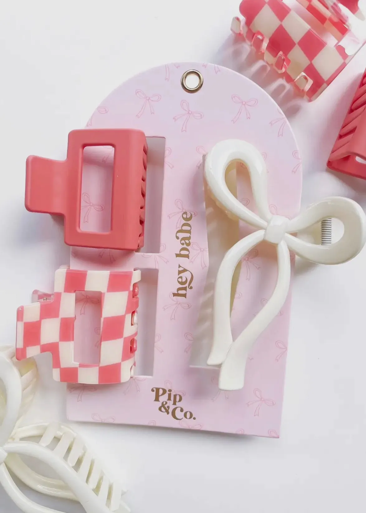 Hey Babe! Bow & Checkers Pink Hair Clip Set