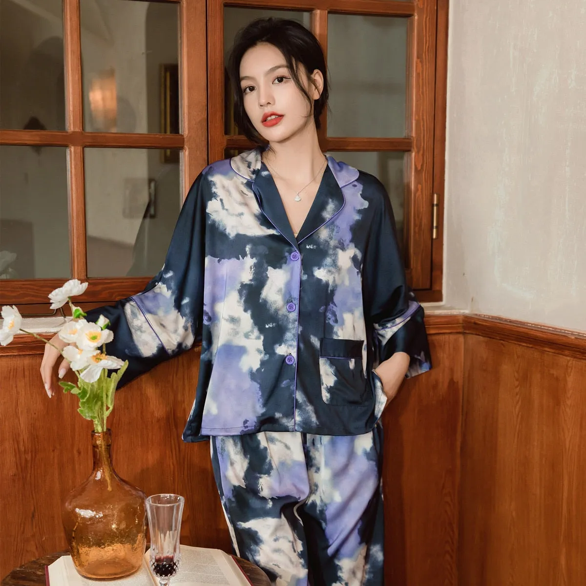 High Quality Women's Pajamas Set Fashion Purple Tie Dye Print Silk Like Sleepwear Loose Nightwear Leisure Homewear Femme