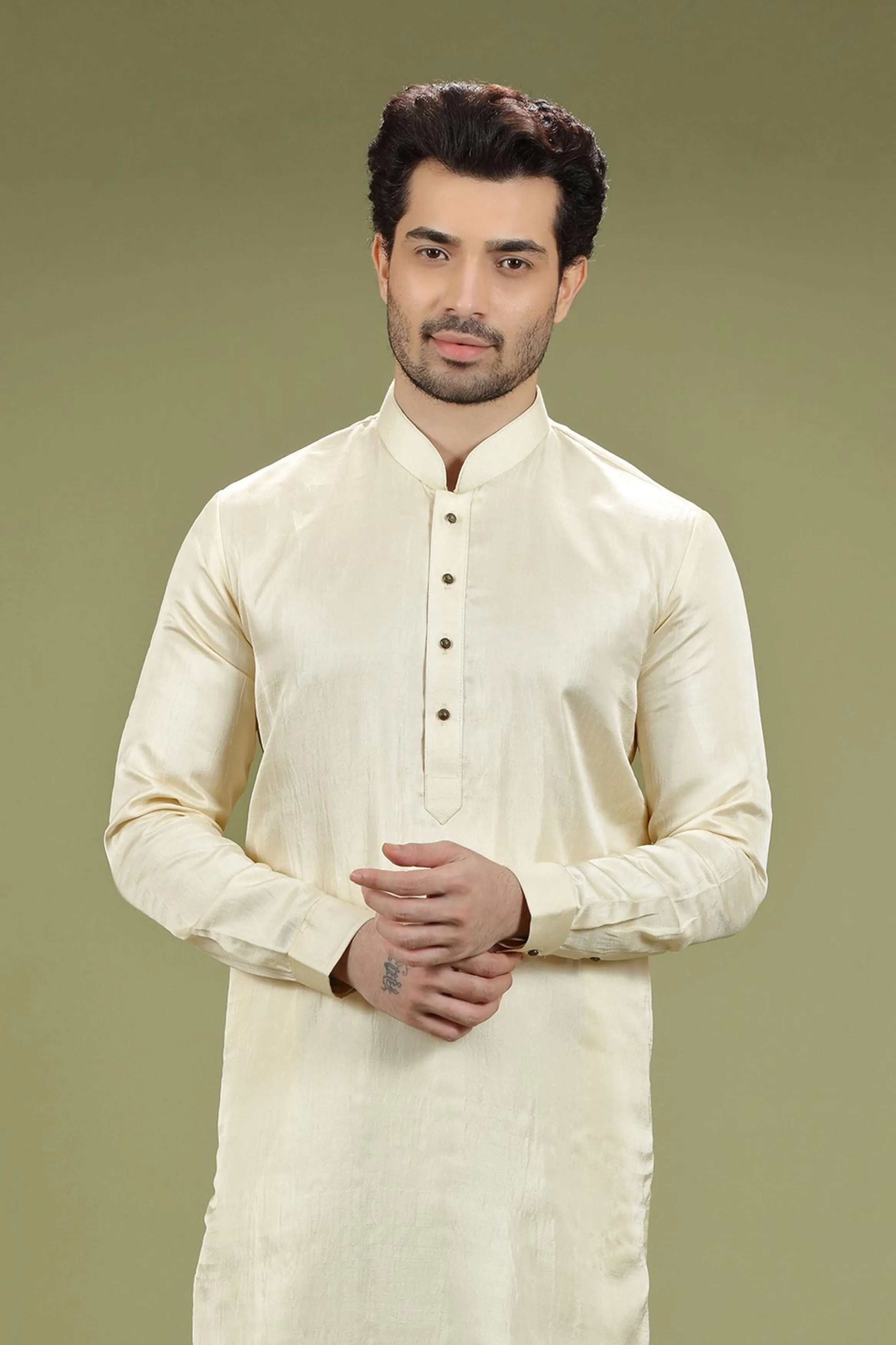 Hot Cream Solid Linen Kurta Set  Designed by Kora (Nilesh Mitesh)