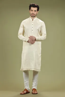 Hot Cream Solid Linen Kurta Set  Designed by Kora (Nilesh Mitesh)