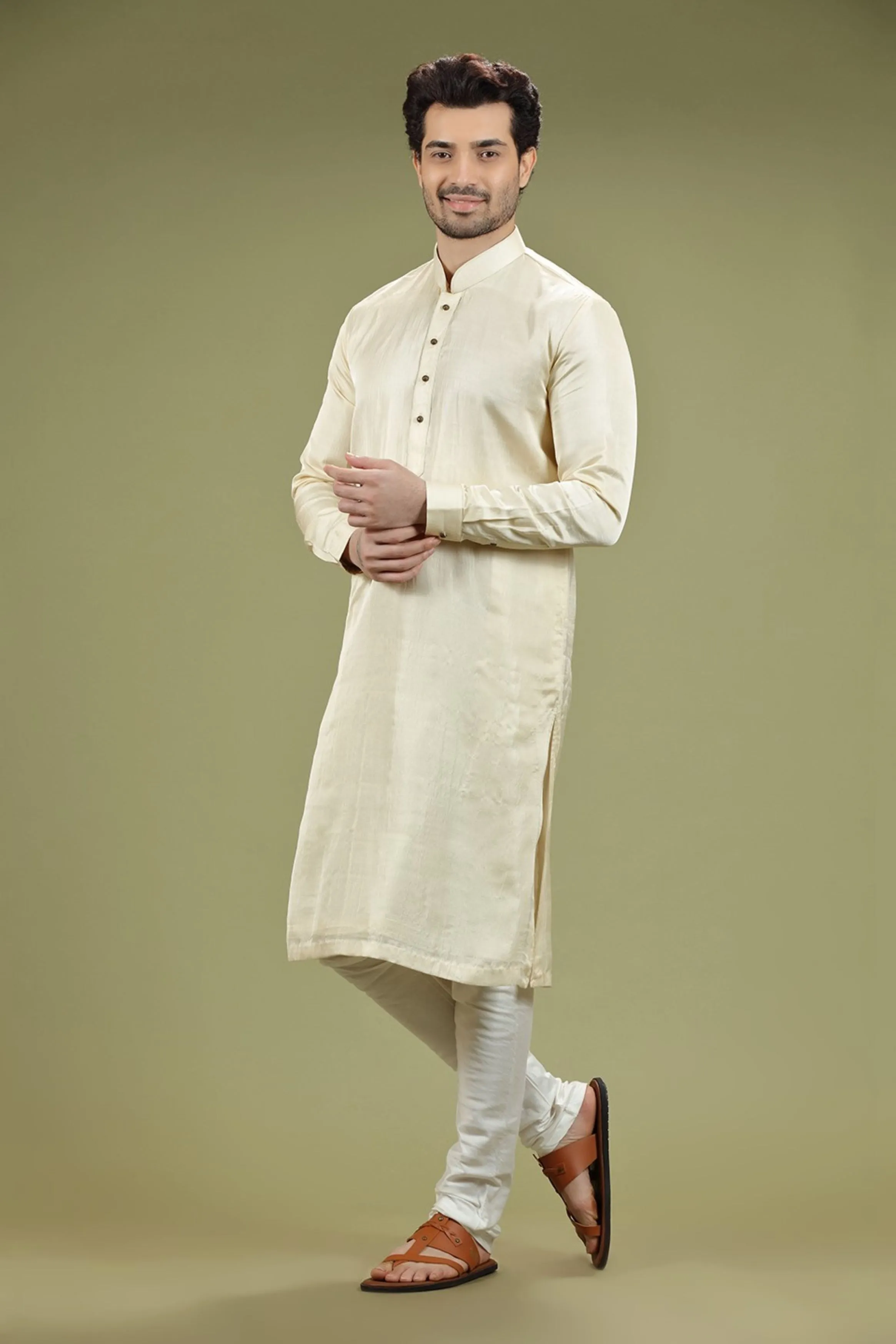 Hot Cream Solid Linen Kurta Set  Designed by Kora (Nilesh Mitesh)