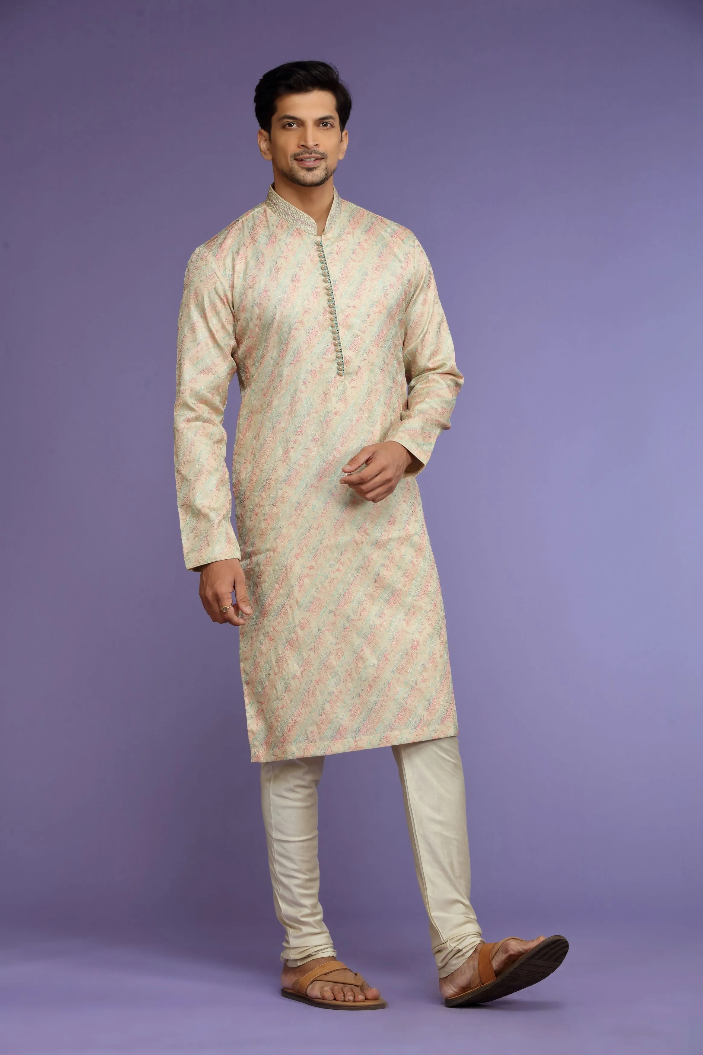 Ivory Embroidered Silk Kurta Set  Designed by Kora (Nilesh Mitesh)